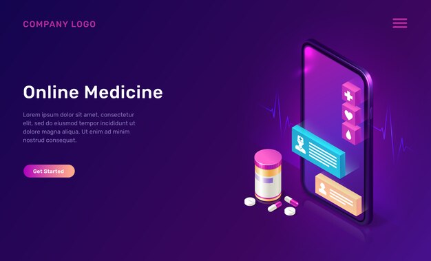 Online medicine mobile app isometric concept