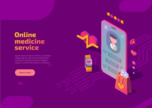 Online medicine service isometric landing page.