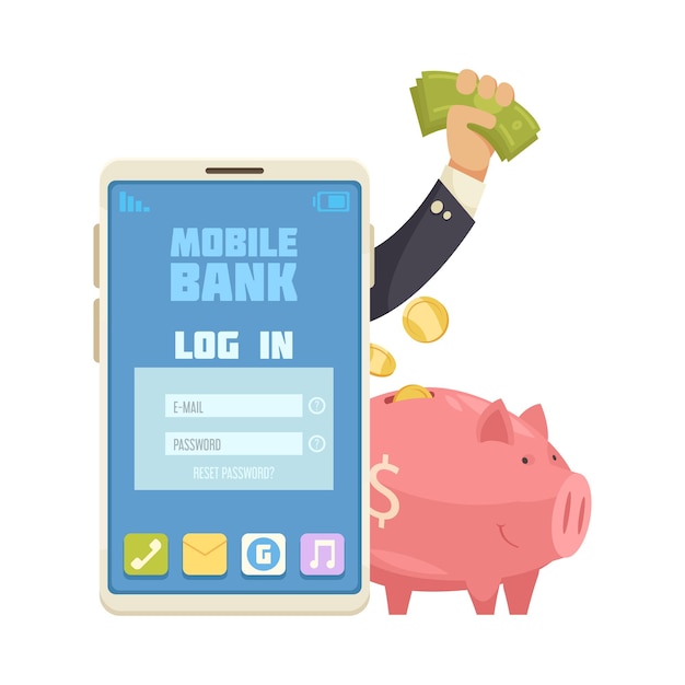 Online mobile bank composition with images of smartphone with login page human hand with money and piggy bank vector illustration