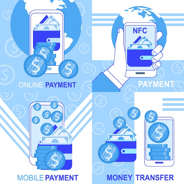 Online Mobile NFC Payment Money Transfer Banner Set Vector Illustration