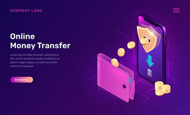 Online money transfer or cash back isometric website template