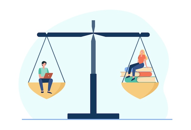 Online and offline learning comparison. Students with laptop or stack of books on balance scale. Cartoon illustration