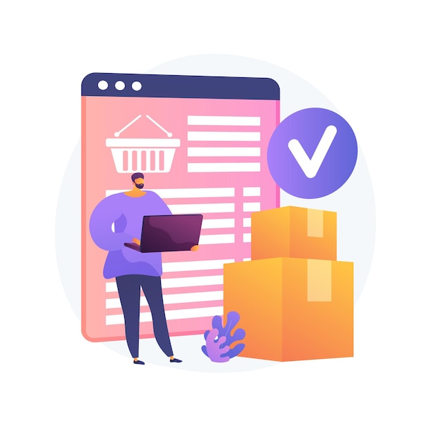 Free Vector online order delivery service, shipment. internet shop basket, cardboard boxes, buyer with laptop. delivery note on monitor screen and parcel. vector isolated concept metaphor illustration.