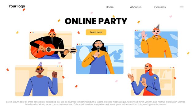 Online party video call with happy people