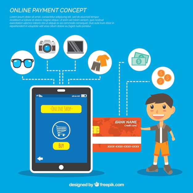 Online payment concept, blue background