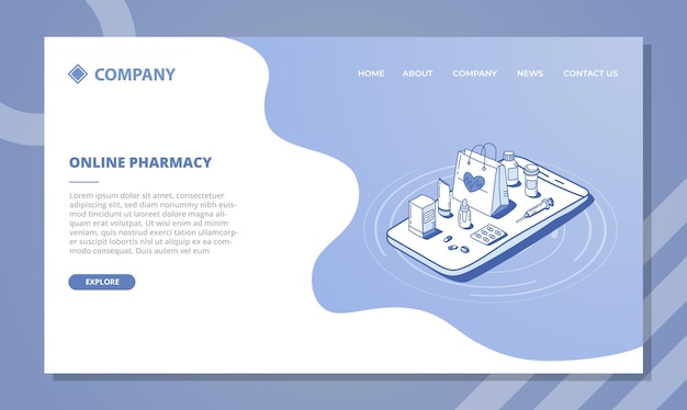 Online pharmacy store concept for website template or landing homepage with isometric and outline style