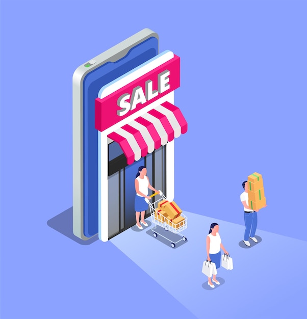 Online sale isometric composition with people coming out