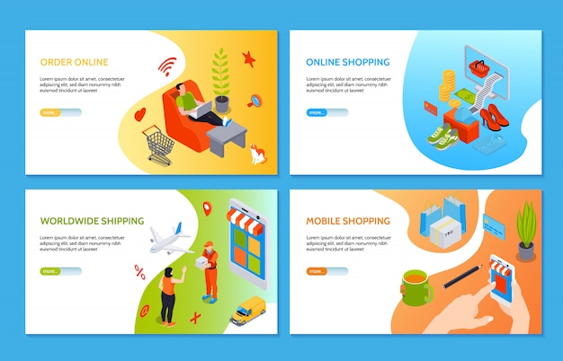 Online shopping horizontal banners with people making purchases on internet using computer and mobile phone isometric