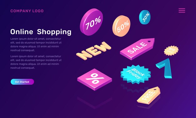 Online shopping isometric concept with sale icons