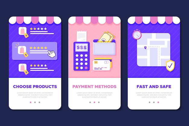 Online shopping onboarding app screens