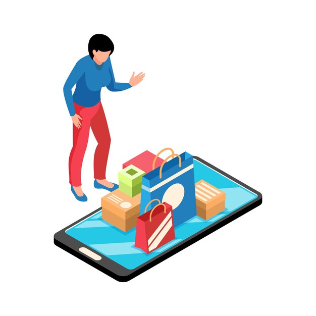 Online store isometric illustration with woman character shopping bags and boxes on smartphone screen