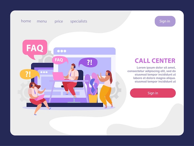 Online support service flat landing page with call center operators answering questions