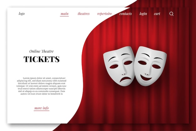 Online theatre tickets landing page template Comedy and Tragedy theatrical mask isolated on a red curtain background