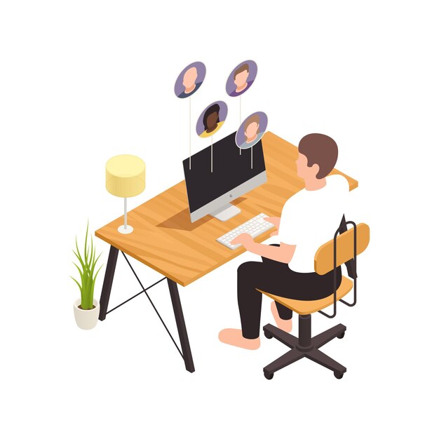 Online virtual team building isometric composition with male worker sitting at computer table with coworker avatars  illustration