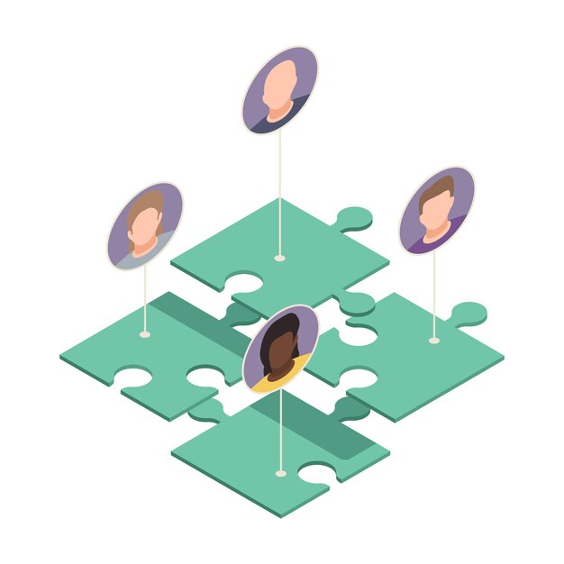 Online virtual team building isometric composition with pieces of puzzle connected to avatars of workers  illustration