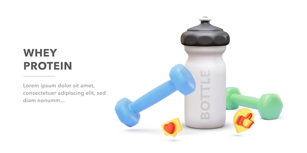 Free Vector online workout banner with realistic dumbbells, bottle and social icons