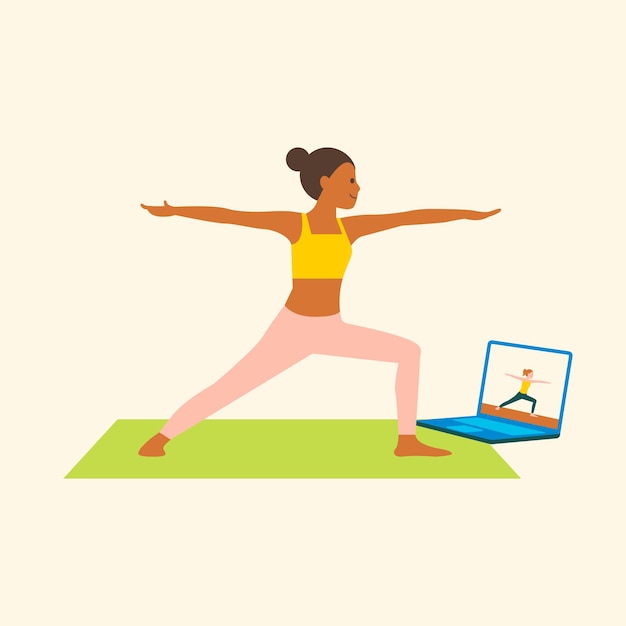 Online yoga class vector character flat graphic