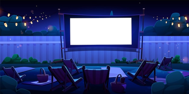 Open air backyard outdoor cinema screen at night cartoon illustration Watching movie in summer back yard garden 2d environment with projector chair and garland bulb light in evening with nobody