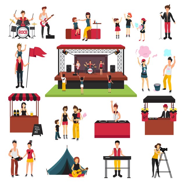 Open air festival isolated icons collection with human characters of fest visitors families musicians soda jerks