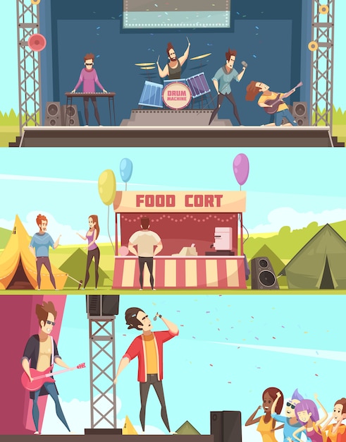 Free vector open air festival players and audience 3 retro cartoon horizontal banners with stage tents food court