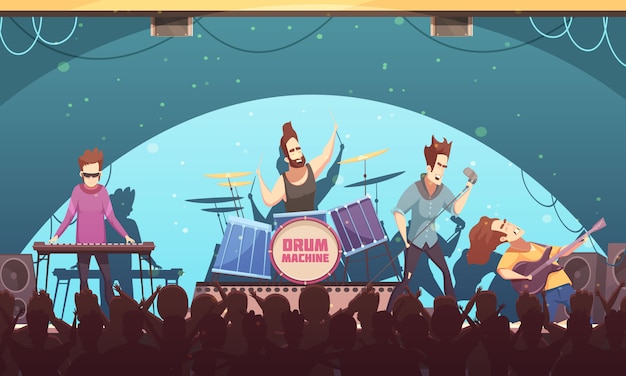 Free Vector open air festival rockband live music onstage performance retro cartoon banner with electronic instruments and audience