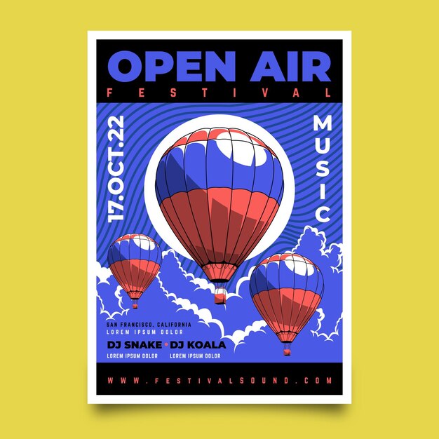 Open air music festival poster air hot balloons