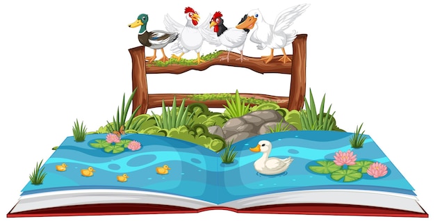 Free Vector open book with ducks and pond