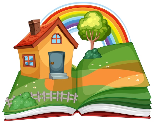 Free Vector open book with house and rainbow