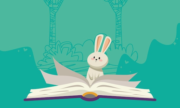 Free Vector open book with spring rabbit