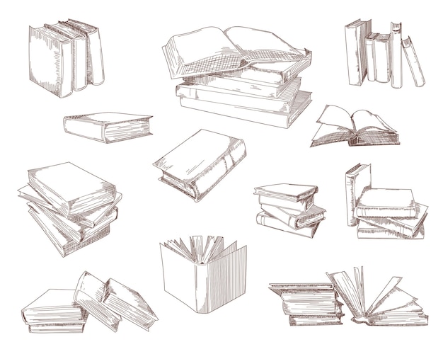 Free vector open books, stacks, piles, notebooks sketch set