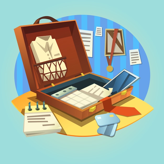 Free vector open business briefcase with retro cartoon businessman suit and working items