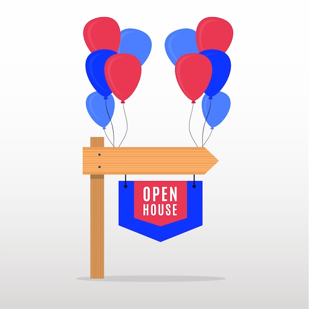 Open house sign with balloons and shadow