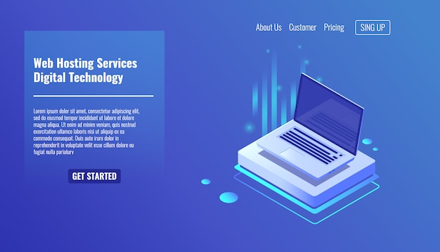 Free Vector open laptop, concept of web hosting services, computer technologies 