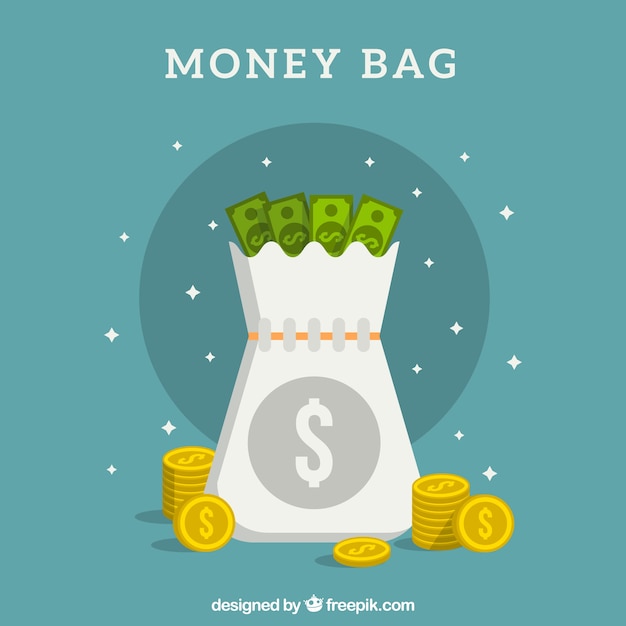 Free vector open money bag background with banknotes and coins