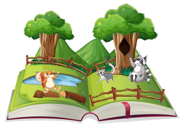 Free Vector opened fantasy book with cute animals