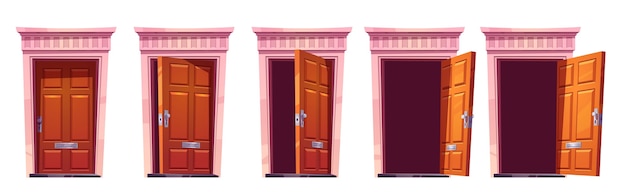 Opening wooden front door with stone frame isolated on white background. cartoon set of house entrance, brown closed, ajar and open doors. Illustration for sprite animation or 2d game