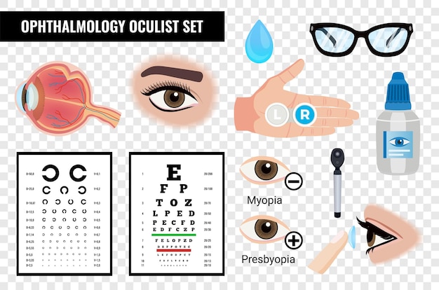 Free Vector ophtalmic eye set with isolated images of vision checking tables eyes and medication on transparent background vector illustration