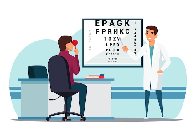 Free Vector ophthalmologist checks patient's vision points to letters optical eye test in the oculist office medical treatment in hospital clinic service