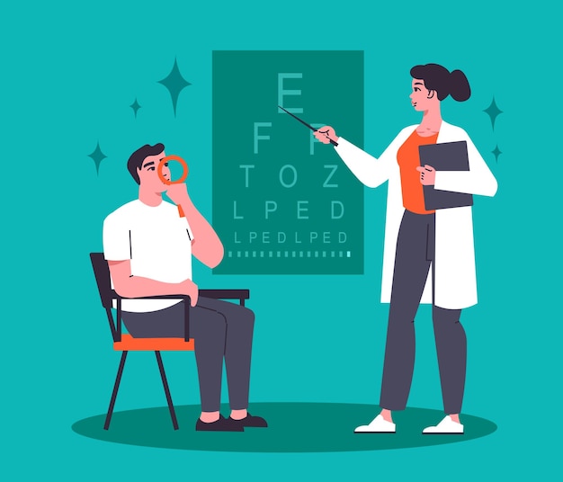 Free vector ophthalmologist flat background with female doctor in hospital uniform doing eyesight examination at eye testing chart vector illustration