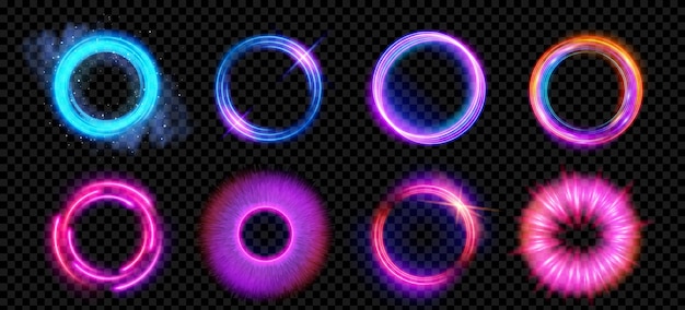 Free Vector optical halo flares with neon light vector effect set isolated on transparent background circle lens ring with glitter 3d digital design radiant speed motion design magic energy vortex with spark