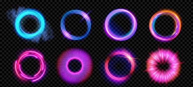 Optical halo flares with neon light vector effect set isolated on transparent background Circle lens ring with glitter 3d digital design Radiant speed motion design Magic energy vortex with spark