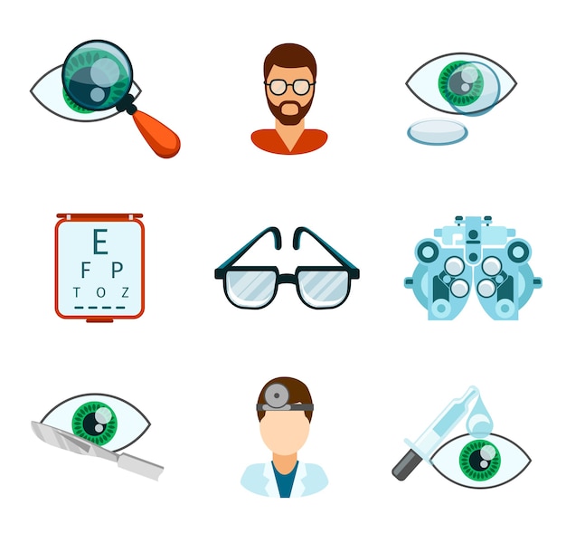 Optometry and optical icons flat set. Pipette and oculist, eye analyze, ophthalmology and treatment, 