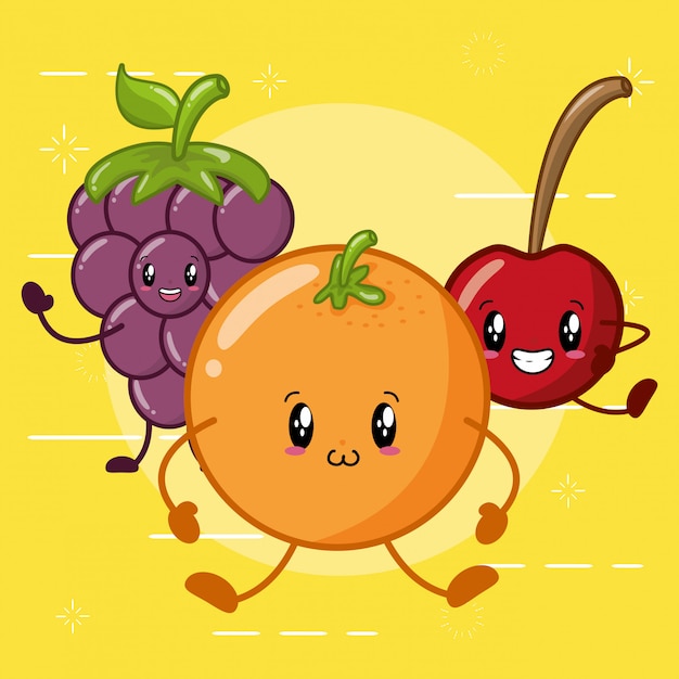 Orange, apple and grape smiling in kawaaii style