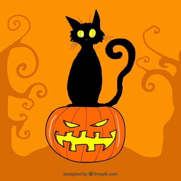 Free Vector orange background with black cat and pumpkin