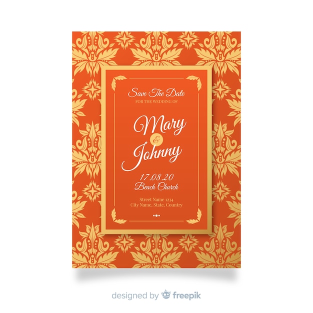 Orange elegant damask wedding invitation template