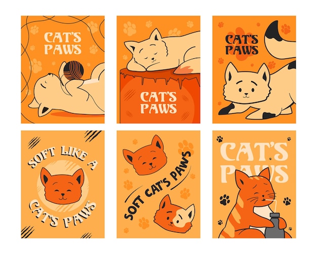 Free Vector orange greeting card set with lovely cats.