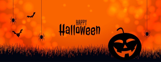 Orange halloween banner with pumpkin spider and bats