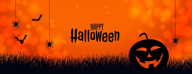 Orange halloween banner with pumpkin spider and bats