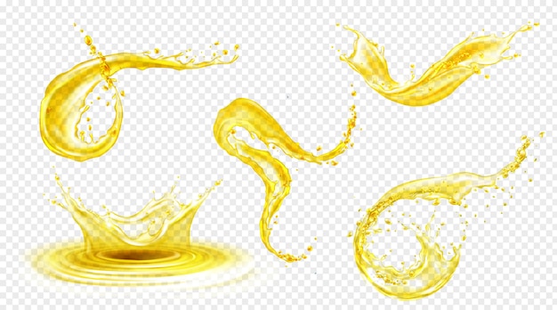 Orange, lemon juice or oil splashes, liquid yellow drink streams with drops. Fruit beverage elements for advertising or package design. Fresh splashing and flowing jets, drips realistic 3d set