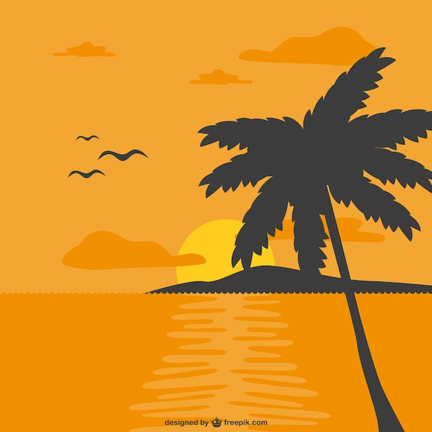 Free Vector orange sunset and a palm tree silhouette